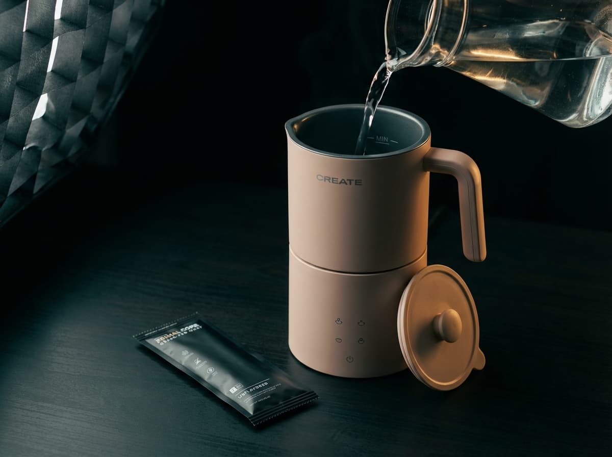 Milk frother filled with water to the minimum line, ready to start