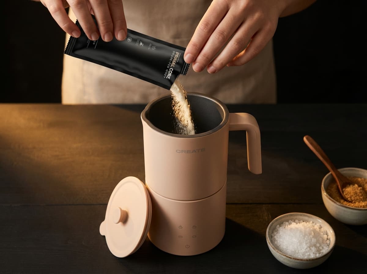 Primal Core whey sachet being poured into milk frother with Celtic salt and brown sugar