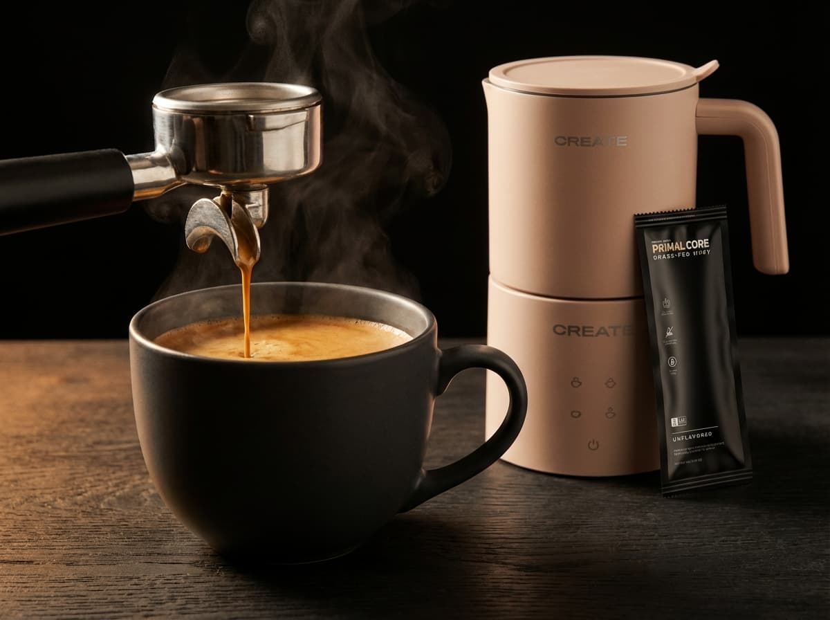 Fresh espresso shot being pulled into a large ceramic mug