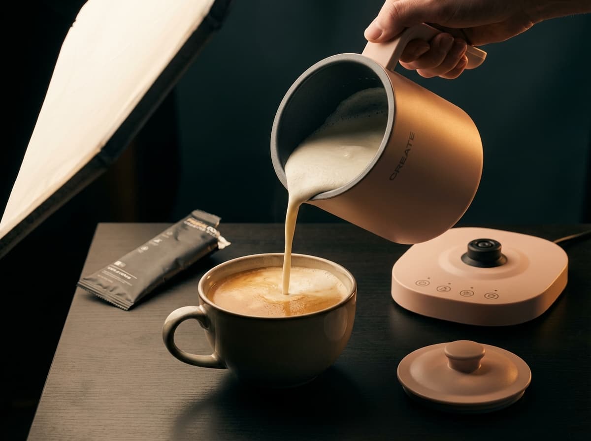 Warm frothed protein milk being poured over espresso shot creating a layered cappuccino