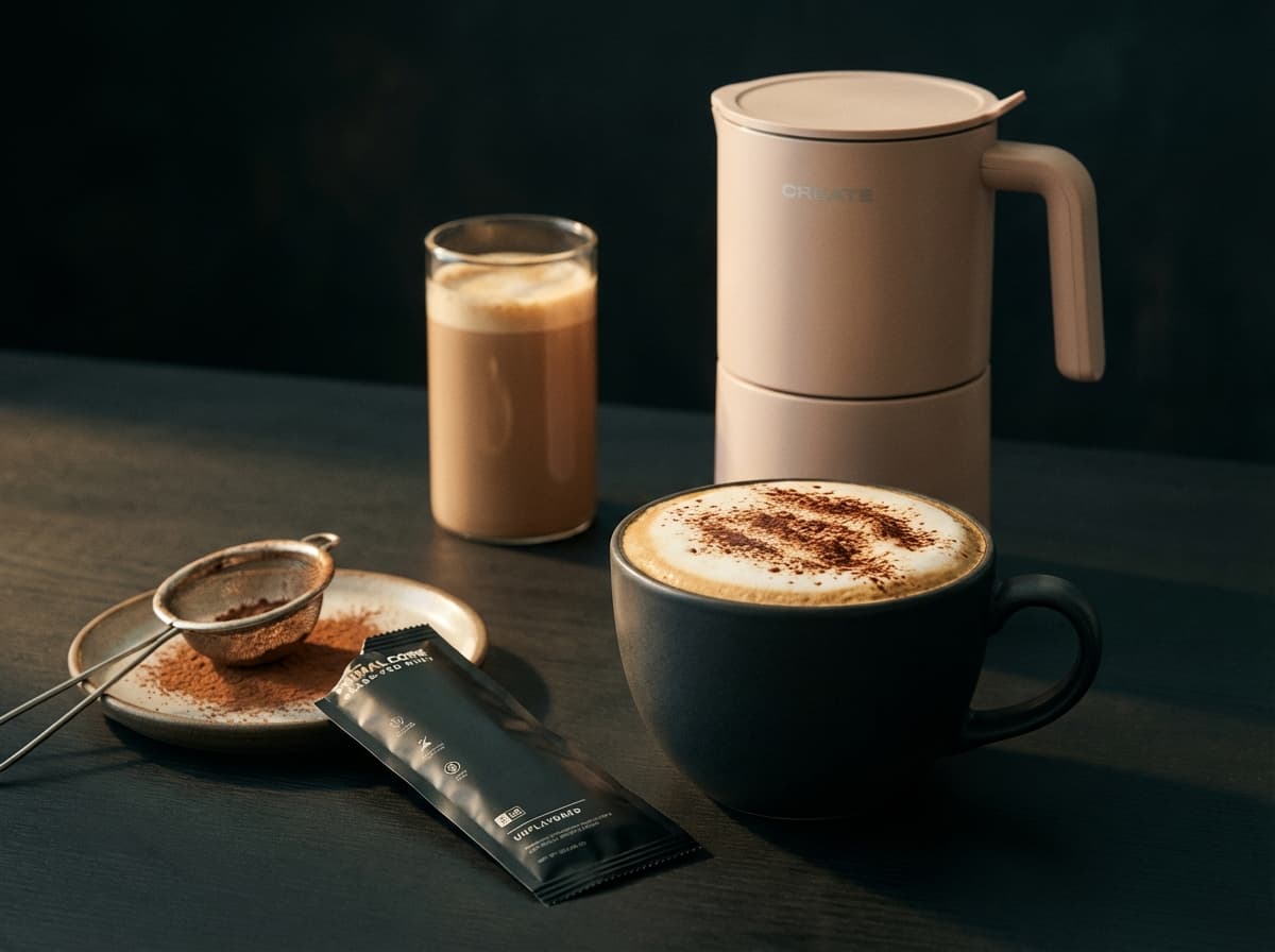 Cappuccino proteico finalizado com cacau em pó, pronto a beber